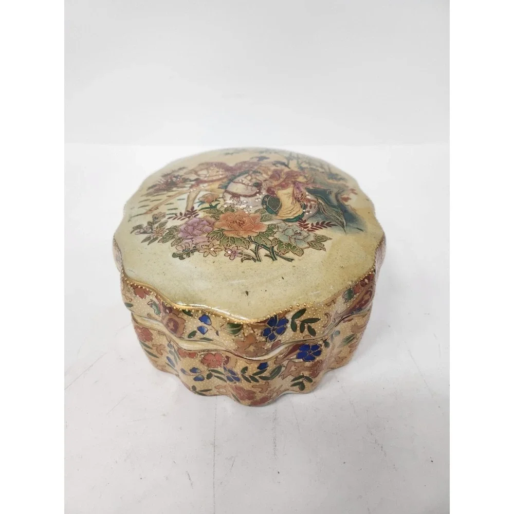 Antique Royal Satsuma‎ Asian Jewelry Box Porcelain Gold Embossed Floral Ornate